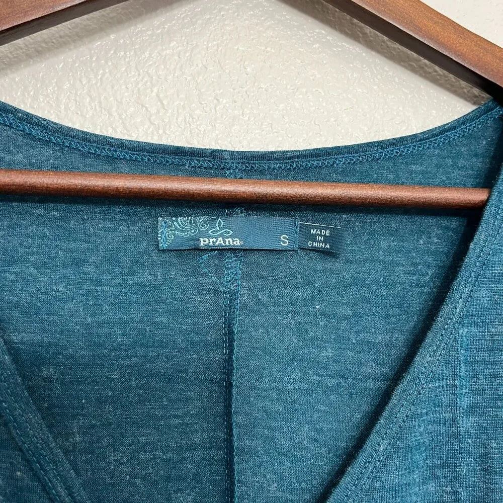 Prana Nadia Faux Wrap Dress Size Small Women's Teal Blue Wool Blend Short Sleeve - Picture 4 of 6